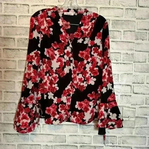 Calvin Kline blouse size small petal style sleeves with‎ ties red black floral - Picture 1 of 6